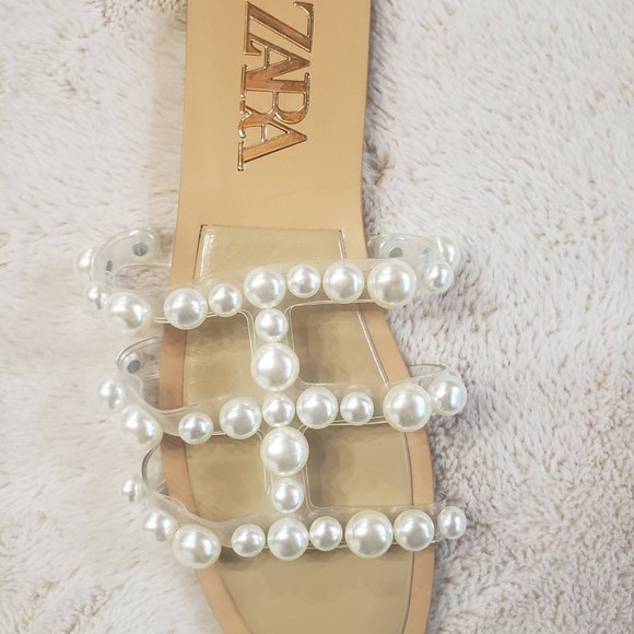 ZARA FLAT VINYL PEARL BEAD SANDALS Size 6 - Picture 5 of 6